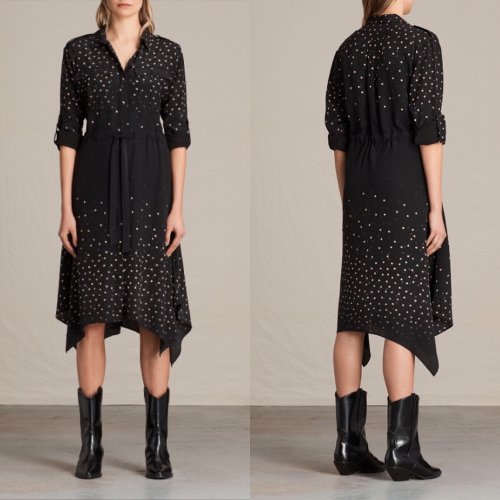 Allsaints Milena Estrela Silk Midi Dress Celestial